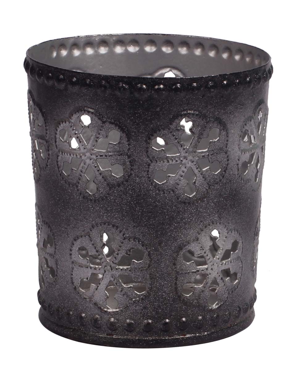 Handmade Votive Candle Stand - Round Shape - Cast in Iron - Dark & Light Gray - Floral Motifs - Tea-Light Candle Holders in Metal - Decorative Centerpieces - Buy in Bulk Wholesale